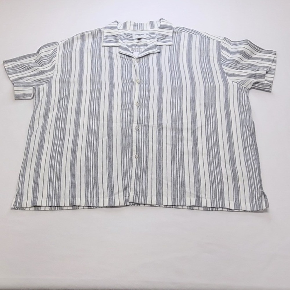 Goodfellow & Co Mens XXL Slub Camp Shirt Ivory Blue Striped Short Sleeve Cotton